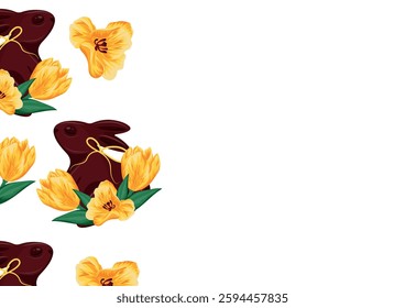 poster with chocolate Easter bunnies standing on their hind legs with yellow tulip buds and yellow ribbons, for Easter decorations