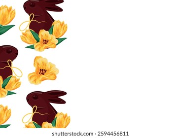 poster with chocolate Easter bunnies with yellow tulip buds with yellow ribbons arranged randomly, for Easter decorations