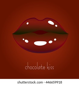 Poster Chocolate Kiss. Vector Illustration. Tempting Chocolate Candy In The Form Of Kissing Lips On Dark Brown Background. Useful For Wrapping Paper, Wrap Box, Design Wrap Of Chocolate Products .