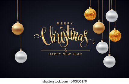 Poster for Christmas background flat design. Text with golden glitter balls, text calligraphy. Vector illustration