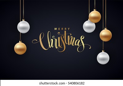 Poster for Christmas background flat design. Text with golden glitter balls, text calligraphy. Vector illustration