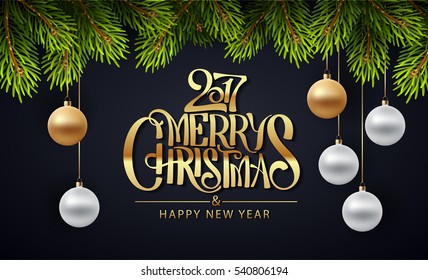 Poster for Christmas background flat design. Text with golden glitter balls, text calligraphy. Vector illustration