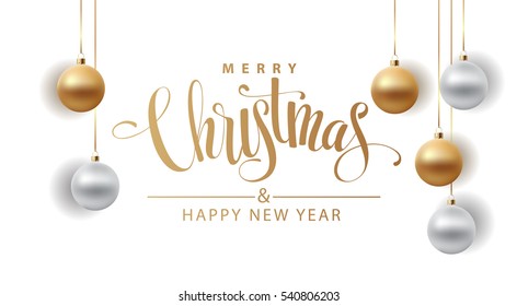 Poster for Christmas background flat design. Text with golden glitter balls, text calligraphy. Vector illustration