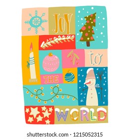 poster with Christmas illustrations-a snowman, a pine branch with a Christmas ball, a burning candle in a gold stand, a light garland, a large snowflake, a branch of mistletoe with red berries
