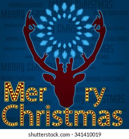 Poster Christmas items as light bulbs, text, deer. Vector illustration.