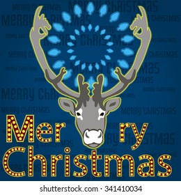 Poster Christmas items as light bulbs, text, deer. Vector illustration.