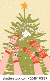 Poster Christmas, New Year card with socks, cat and tree. Cartoon winter tree and legs. Templates trendy flat style. Vector design element stock illustration.
