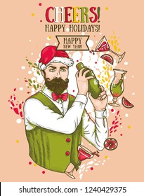Poster for christmas or new year party with attractive bartender in Santa hat and cocktails, green and red, vector illustration