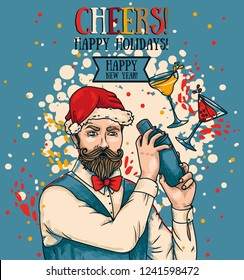 Poster for christmas or new year party with attractive bartender in Santa hat and cocktails, blue and red, vector illustration