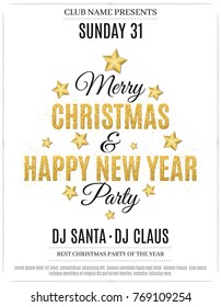 Poster for Christmas and New Year party. Invitation card. The text is made of gold glitters. White background. The names of the DJ and club. Gold stars. Vector illustration