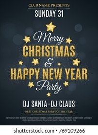 Poster for the Christmas and New Year party. Invitation card. The text is made of gold glitters. Glare bokeh. The names of the DJ and club. Gold stars. Vector illustration