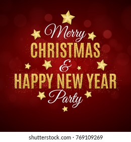 Poster for the Christmas and New Year party. Invitation card. The text is made of gold glitters. Glare bokeh. Red background. Gold stars. Vector illustration