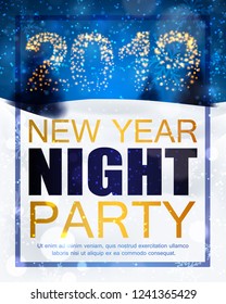 Poster with Christmas night background with fir trees and snow, dark blue sky. Happy New Year Party Poster with number 2019. Holiday Greeting Card, Invitation, Menu Design Template, decor. Vector 
