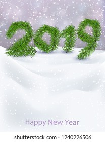 Poster with Christmas night background with green tree, fir branches and snow, light gray sky. Happy New Year Party banner with number 2019. Holiday Greeting Card, Invitation, Menu Design, decor.