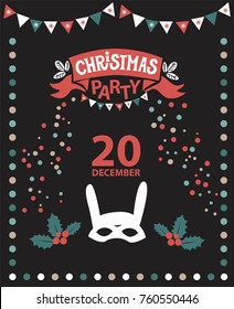 Poster for Christmas party with Christmas decor with confetti and garlands. In the center of the rabbit mask with ears.