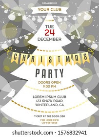 Poster for Christmas party with invitational text and many decorative details. Flyer with abstract grey background with bokeh effect, Pine tree, flags, garlands, birds. Vector template.
