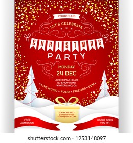 Poster for Christmas party. Red and gold colors vector invitation flyer with paper cut effect snowdrift, gift and glitter snowfall. Vertical banner for holiday event template design. Customized text.