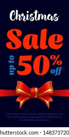 Poster Christmas sale. Advertising banner for a store, website or flyer. 50 percent discount on a blue background. Festive New Year design template 