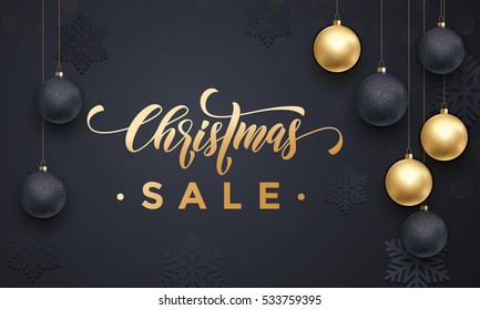 Poster for Christmas Sale background flat design. Text with golden glitter balls, text calligraphy and snowflakes pattern. Banner or poster for shopping store discount