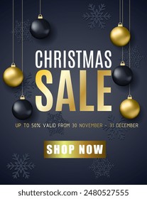 Poster for Christmas Sale background Text with golden glitter balls, snowflakes pattern. Banner or poster for shopping store discount