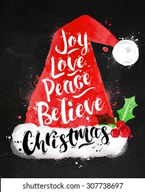 Poster Christmas Santa hat lettering joy, love, peace, believe drawing in vintage style on blackboard