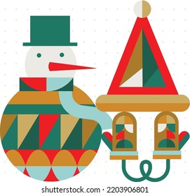 Poster Christmas snowman and gloves in cubism style drawing on light background