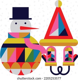 Poster Christmas snowman and gloves in cubism style drawing on white background