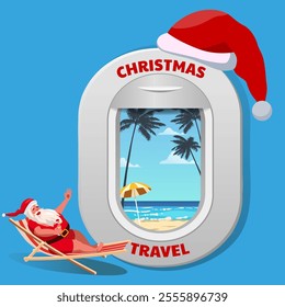 Poster Christmas travel resort airplane window with Santa Claus on the beach deck chair