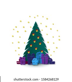 A poster with a Christmas tree in the center. Under the fir tree gifts. Greeting card for New Year. Background in the style of paper art.