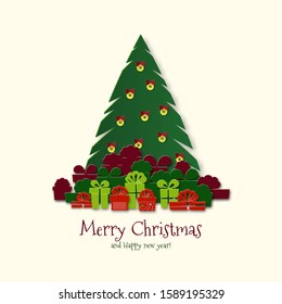 A poster with a Christmas tree in the center. Under the fir tree gifts. Greeting card for New Year. Background in the style of paper art.