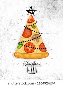 Poster christmas tree pizza with star on top with lettering drawing on dirty paper background.