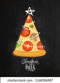 Poster christmas tree pizza with star on top with lettering drawing on chalkboard background.