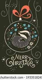 Poster with a Christmas tree toy. Cute badger sleeping in winter season.