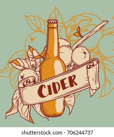poster for cider season with beautiful branch of apple tree and bottle of cider, retro style, vector illustration