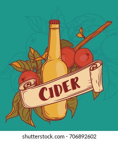 poster for cider season with beautiful branch of apple tree and bottle of cider, vector illustration