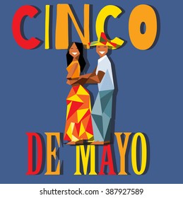 Poster Cinco De Mayo (5th may) with bright dancing couple on blue background.