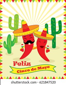 Poster for Cinco de Mayo holiday with two chilli peppers, guitar, sombrero and cacti