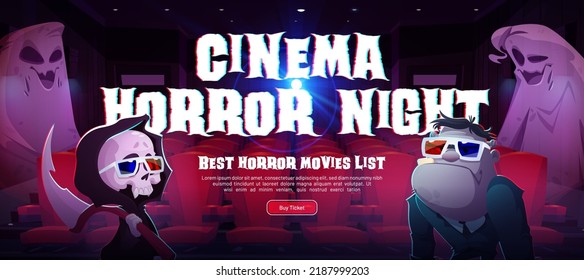 Poster of cinema horror night in movie theater. Vector poster of creepy films festival with cartoon illustration of cinema hall interior with seats, monsters in 3d glasses and ghosts