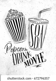 Poster cinema snacks lettering popcorn, drink, movie in vintage style drawing dirty paper background