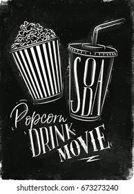 Poster cinema snacks lettering popcorn, drink, movie in vintage style drawing with chalk on chalkboard background