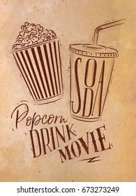 Poster cinema snacks lettering popcorn, drink, movie in retro style drawing with craft