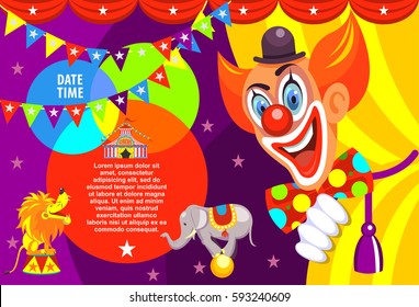 Poster of the circus. Happy clown invites you to the circus. Vector illustration.