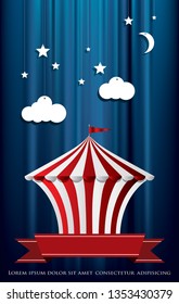 poster for circus with paper clouds, stars and moon on blue velvet curtain