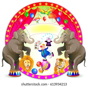 Poster for a circus performance. Spectacle with merry clown and trained animals. Vector cartoon image.
