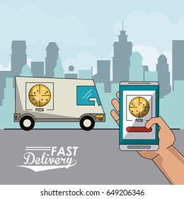 poster city landscape with fast delivery in pizza truck and closeup smartphone app