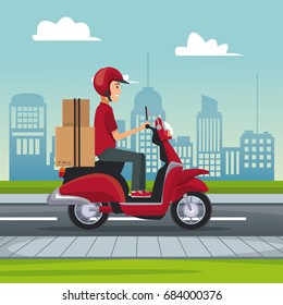 poster city landscape with fast delivery man scooter with packages