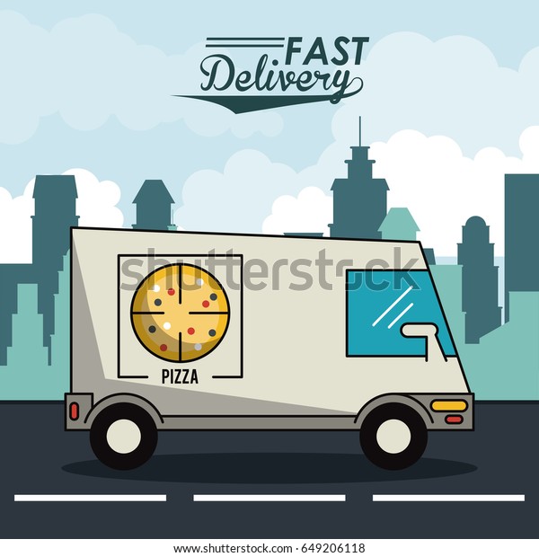 poster\
city landscape with fast delivery in pizza\
truck