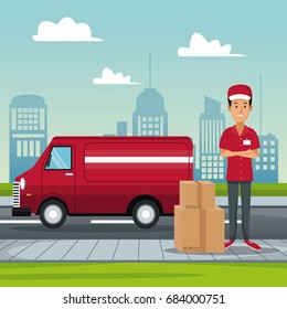 poster city landscape with man worker with packages and truck fast delivery