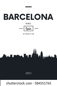 Poster city skyline Barcelona, Flat style vector illustration