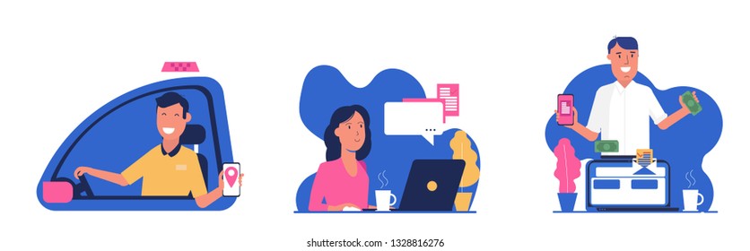 Poster with city workers freelancers in vector design. Taxi flat illustration with smiling driver male character in car cab in uniform. 